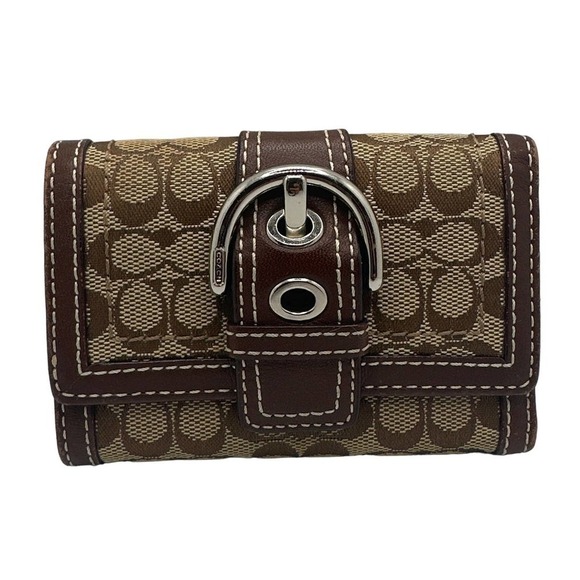 Coach Handbags - COACH Brown Signature Canvas Trifold Wallet